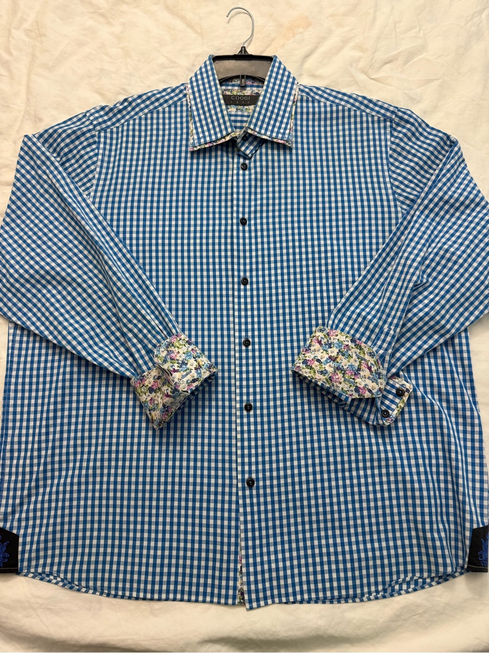 COOGI Blue and White Gingham Dress Shirt with Floral Trim